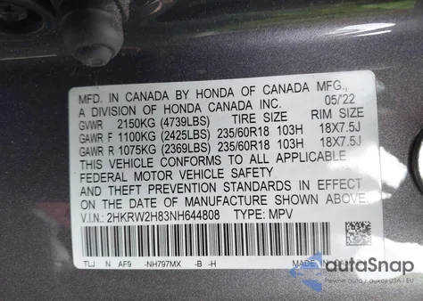 2022 Honda Cr-V Awd Ex-L from USA, damaged, VIN 2HKRW2H83NH644808